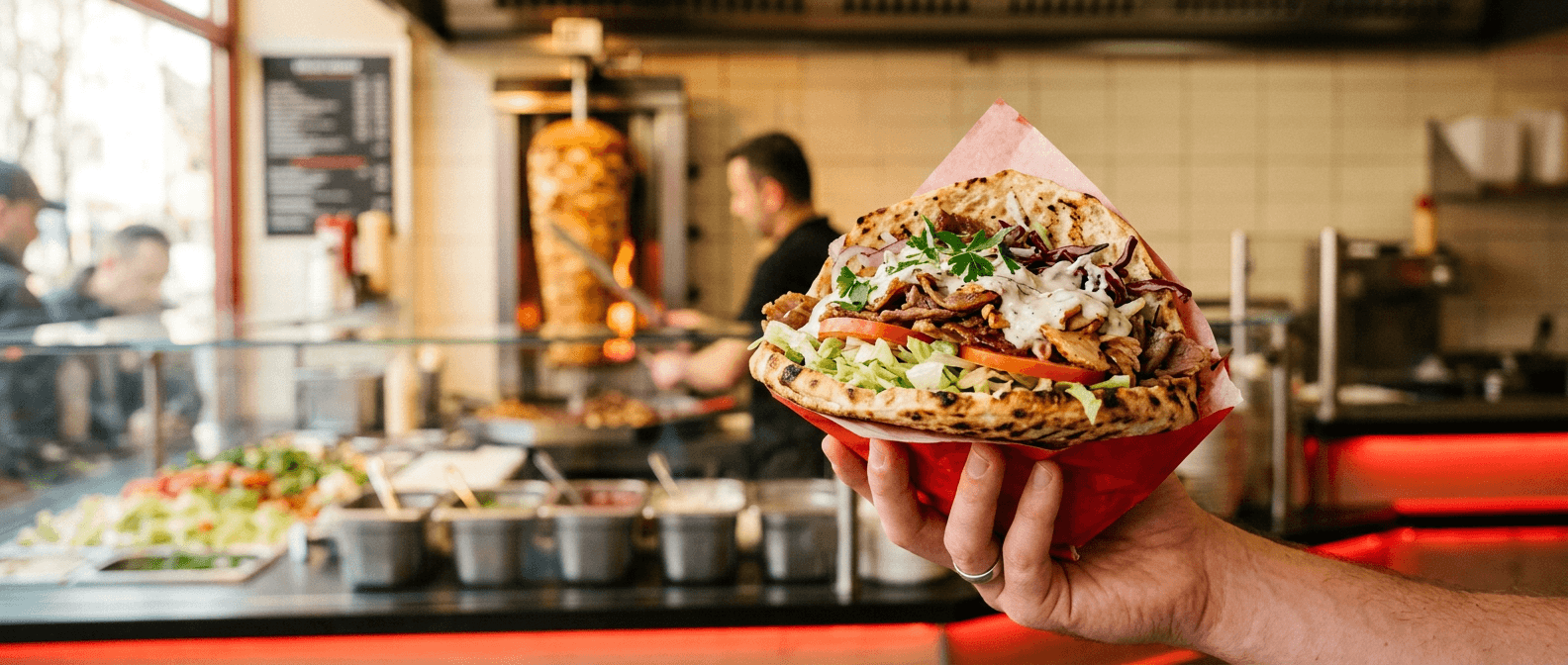 Gedeckter Tisch mit Cappuccino, Croissants, Bowl und Döner im INTRO Bergheim